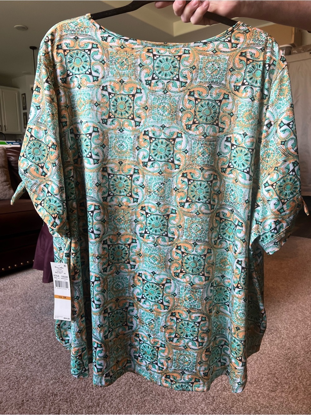 Ruby Rd. Turquoise & Peach Patterned Short Sleeve Tee - Picture 2 of 4